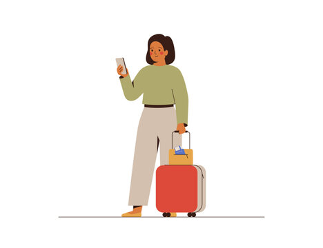 Business Woman Check Her Mobile And Going To Travel. Young Female Person With Suitcase In The Airport Looks At The Phone. Business Trip Concept. Vector Illustration