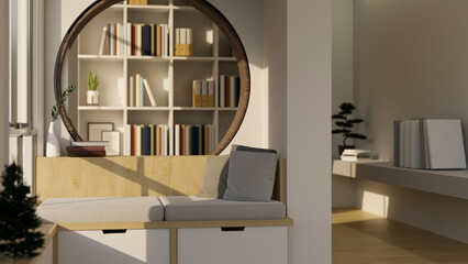 Comfortable and minimalist living room with sofa against the circle wall, bookshelves and decor