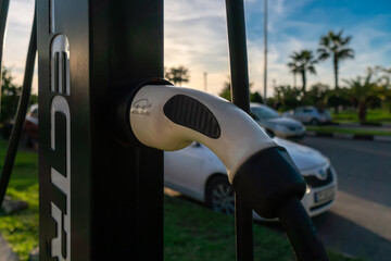 Close-up of the plug of the power cable for an electric car against the background of palm trees...
