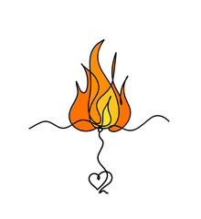 Abstract fire with heart as line drawing on white background