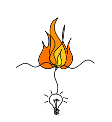 Abstract fire with light bulb as line drawing on white background