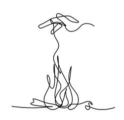 Abstract fire with globe hand as line drawing on white background