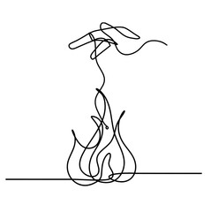 Abstract fire with globe hand as line drawing on white background