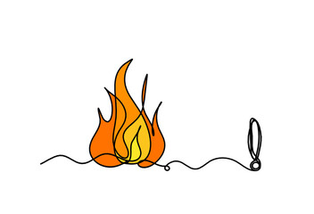 Abstract fire with exclamation mark as line drawing on white background