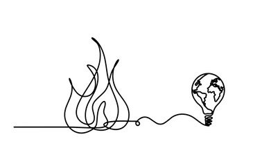 Abstract fire with globe light bulb as line drawing on white background