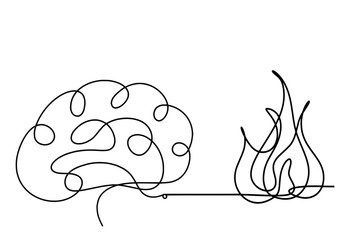 Abstract fire with brain as line drawing on white background