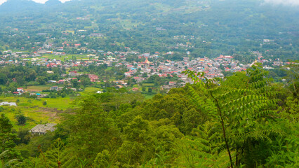 the view of the cloudy sky, trees, mountains and houses was photographed from above the hill