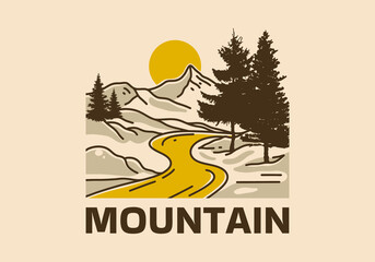 Vintage art illustration of mountain and river