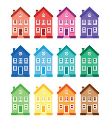 Set of colored houses. Simple house, group in rainbow colors, color wheel