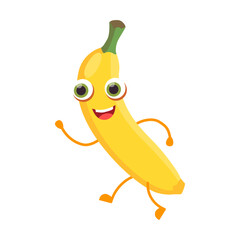 Cute banana fruit cartoon character vector illustration. Comic sticker with funny caricature of happy personage isolated on white
