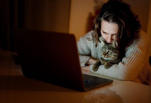 Cheerful smiling woman 30 years old sitting in front of a laptop at home in the evening with a gray pet cat in her arms