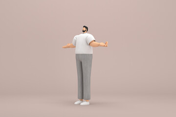 Fototapeta na wymiar The man with beard wearinggray corduroy pants and white collar t-shirt. He is expression of hand when talking. 3d rendering of cartoon character in acting.