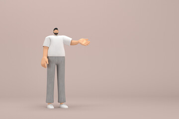 The man with beard wearinggray corduroy pants and white collar t-shirt. He is expression  of hand when talking. 3d rendering of cartoon character in acting.