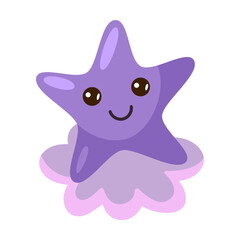 Cute kawaii star on cloud with face cartoon illustration. Funny star character for kids isolated on white background