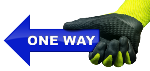 Hand with protective work glove, holding a One Way Road Sign, English language, isolated on white or transparent background, photography, blue arrow, png.