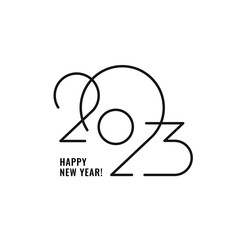 Happy New Year 2023 logo text design. Vector modern geometric minimalistic text, black numbers. Isolated on white background. Concept design. Thin linear inscription. Flat black outline vector icon.