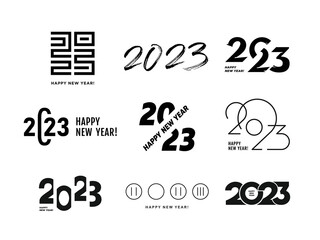 Set of 2023 logo text design. Vector elegant modern minimalistic text with black numbers. 2023 number design template. Concept design. Big collection of Happy New Year 2023 signs.