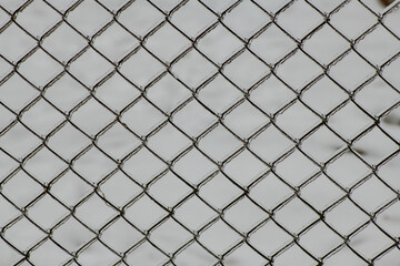 Metal mesh with a layer of ice on it during freezing rain in winter, frostbite and environment, weather