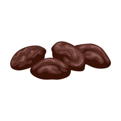 Chocolate cocoa bean cartoon illustration. Cacao beans with leaves on tree, sliced into halves and chocolate isolated on white