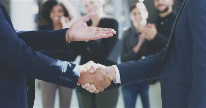 Handshake, success and business people with applause in a meeting for support, welcome and thank you. Teamwork, trust and corporate employees shaking hands and clapping for a deal or promotion