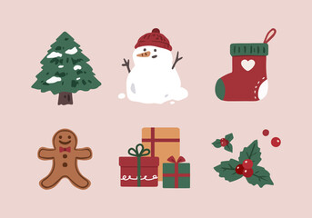 set of christmas elements flat illustration with christmas tree,stocking,snowman,gingerbread man, gift, holly