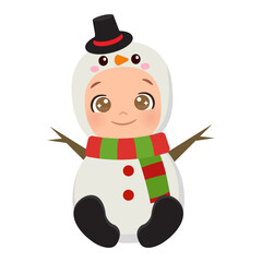 Cute baby wearing Christmas costume snowman. Flat vector cartoon design