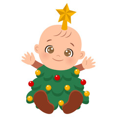 Cute baby wearing Christmas tree costume. Flat vector cartoon design