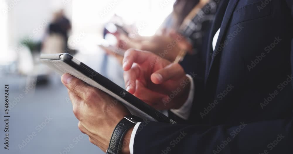 Poster tablet, hand scroll and business man with 5g internet and web research, working online. corporate bu