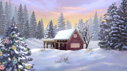 Winter scenery snow landscape Red Cabin covered in Snow Christmas tree anime background