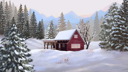 Winter mountain scenery snow landscape Red Cabin covered in Snow Christmas tree anime background