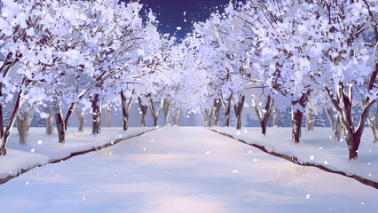 A narrow path in the snow between the trees Winter snow tree scenery landscape Christmas tree  anime background