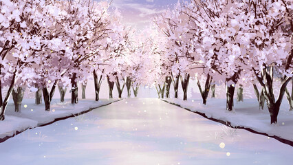 A narrow path in the snow between the Sakura Winter snow tree scenery landscape Christmas tree with light decoration anime background