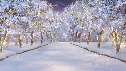 A narrow path in the snow between the trees Winter snow tree scenery landscape Christmas tree with light decoration anime background