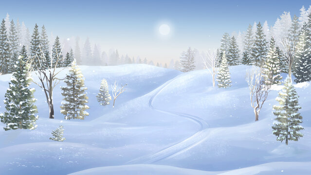 Winter scenery snow Mountain landscape Christmas tree covered in Snow anime background
