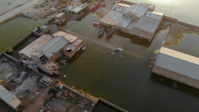 Aerial shot of village houses immerse in the water at Sindh Pakistan. 