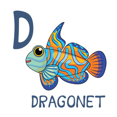 Cute Sea Animal Alphabet Series. D is for dragonet. Vector cartoon character design illustration.