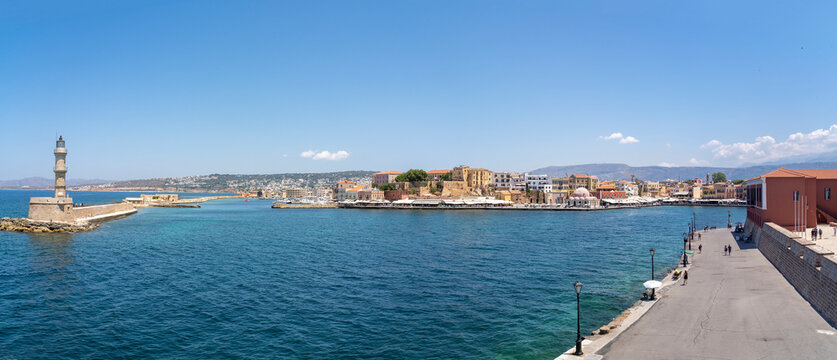Panorama photo of the Old harbor of Chania, seen from the Firka Venetian Fortress in Chania, Crete