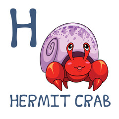 Cute Sea Animal Alphabet Series. H is for hermit crab. Vector cartoon character design illustration.