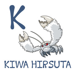 Cute Sea Animal Alphabet Series. K is for Kiwa hirsuta. Vector cartoon character design illustration.