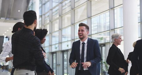 Dance, celebration and business people at party, conference or seminar at work. Diversity, success and corporate employees dancing at a company event to celebrate teamwork and winner of deal as team