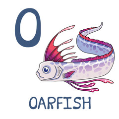 Cute Sea Animal Alphabet Series. O is for Oarfish. Vector cartoon character design illustration.