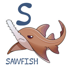 Cute Sea Animal Alphabet Series. S is for Sawfish. Vector cartoon character design illustration.