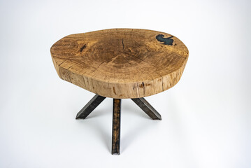 Coffee table, living room table. Resin handmade wood table. White background.