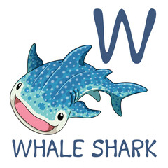 Cute Sea Animal Alphabet Series. W is for Whale Shark. Vector cartoon character design illustration.