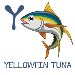 Cute Sea Animal Alphabet Series. Y is for Yellowfin tuna. Vector cartoon character design illustration.