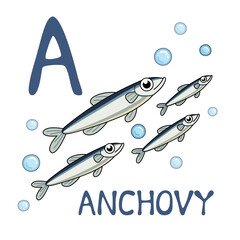 Cute Sea Animal Alphabet Series. A is for anchovy. Vector cartoon character design illustration.