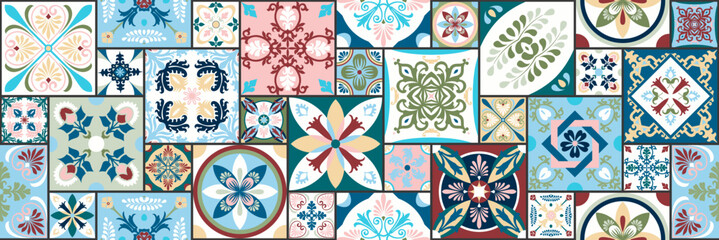 Azulejos portugal. Turkish ornament. Moroccan tile mosaic. Ceramic tableware, folk print. Spanish pottery. Ethnic background. Mediterranean seamless wallpaper.