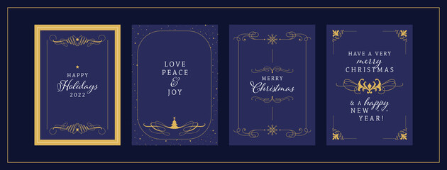 Set Of Christmas Cards In Night Blue & Gold With Vintage Borders And Frames