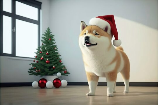 Akita Inu Dog with Santa Claus Hat 