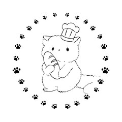 ハンコ風イラスト素材:パンをもつ猫(線画)